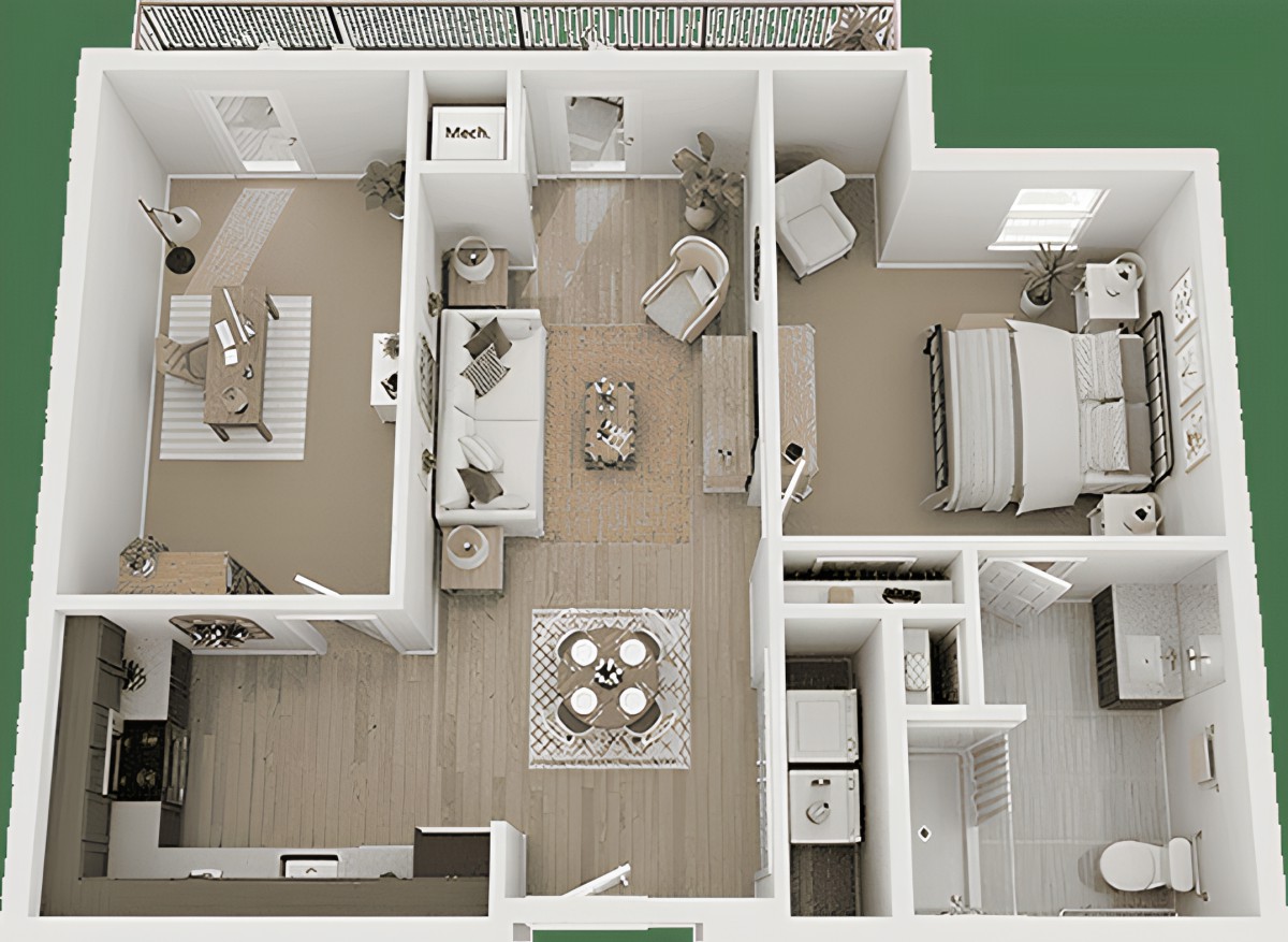 A digital floor plan showcasing a modern apartment layout with a living room, kitchen, bedroom, and bathroom.