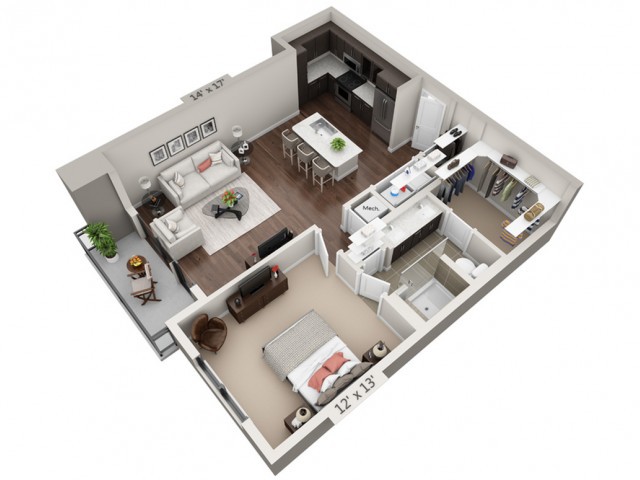 3D rendering of a modern apartment floor plan with a kitchen, living room, bedroom, and bathroom.