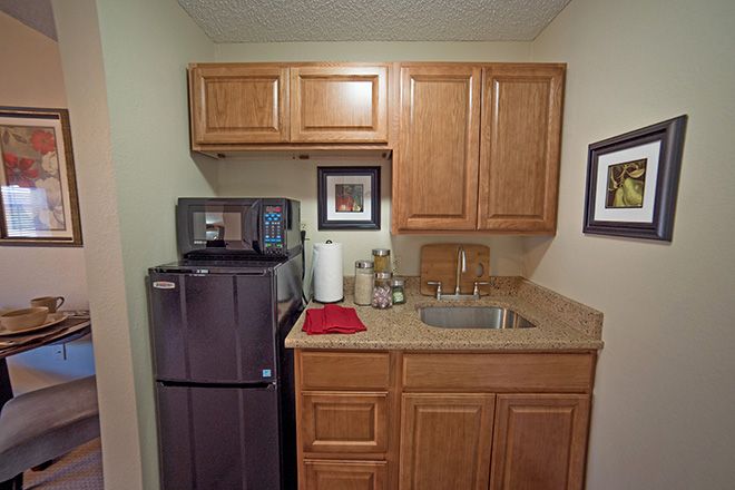 Compact kitchenette with wooden cabinets, a mini fridge, and a coffee maker.