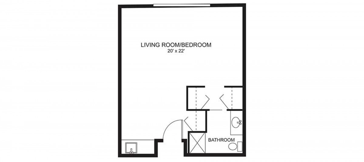 A floor plan of a studio apartment with a combined living room and bedroom area, and a separate bathroom.
