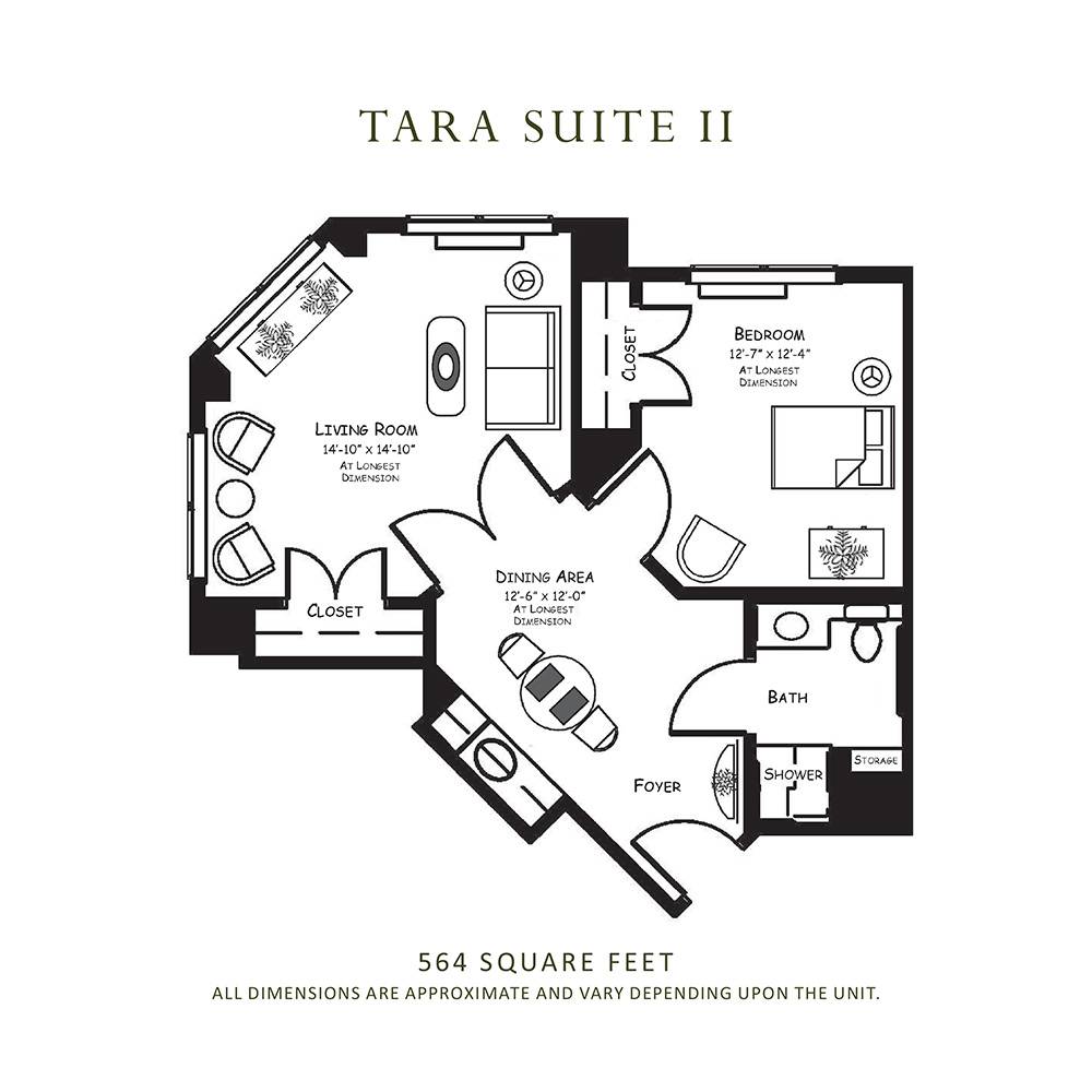 A floor plan of the Tara Suite II, featuring a living room, bedroom, and bathroom layout.