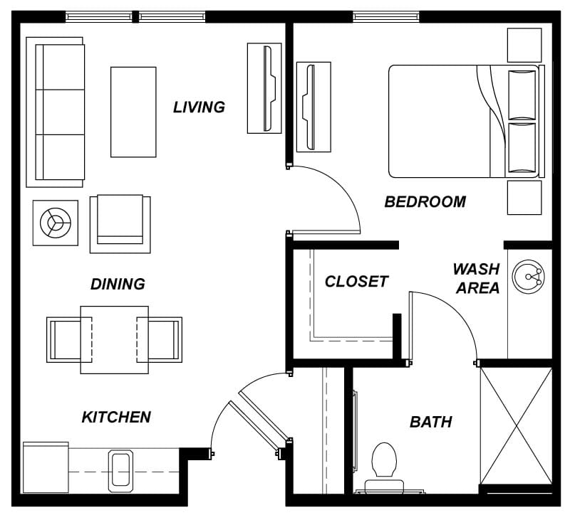A simple floor plan of an apartment featuring a living room, kitchen, dining area, bedroom, bathroom, and closet.