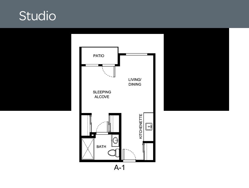 A studio apartment floor plan featuring a sleeping alcove, living room, kitchen area, bathroom, and patio.
