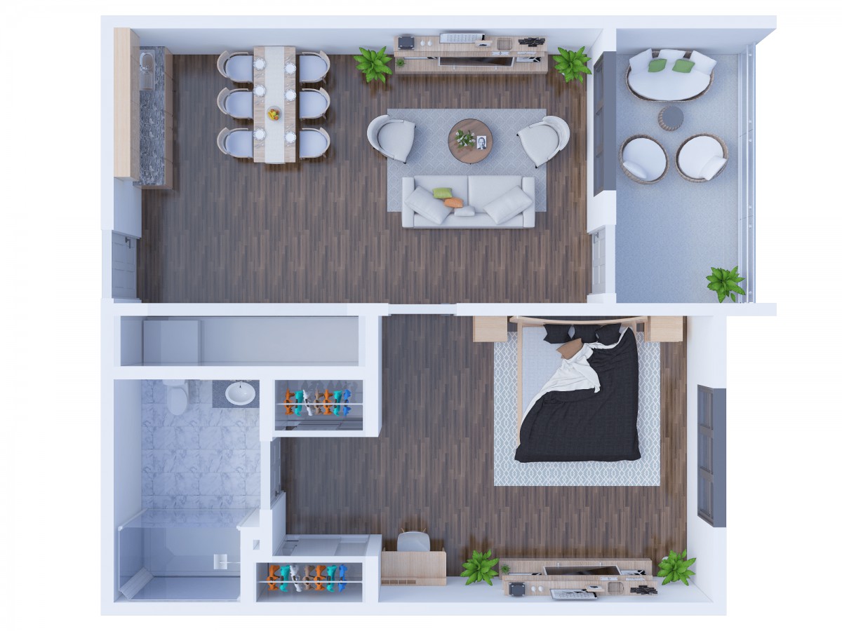 Modern apartment floor plan showcasing a living and dining area, along with a bedroom.