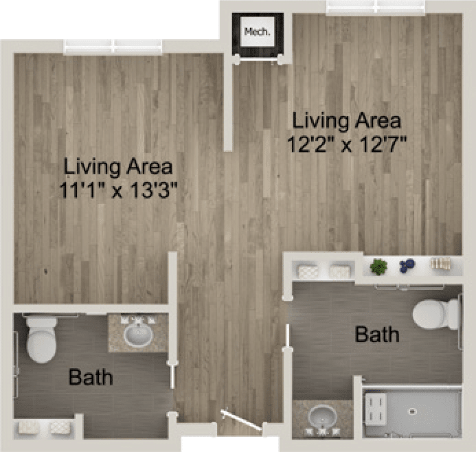 A floor plan showing the layout of an apartment with two living areas and two bathrooms, including specific dimensions for each space.