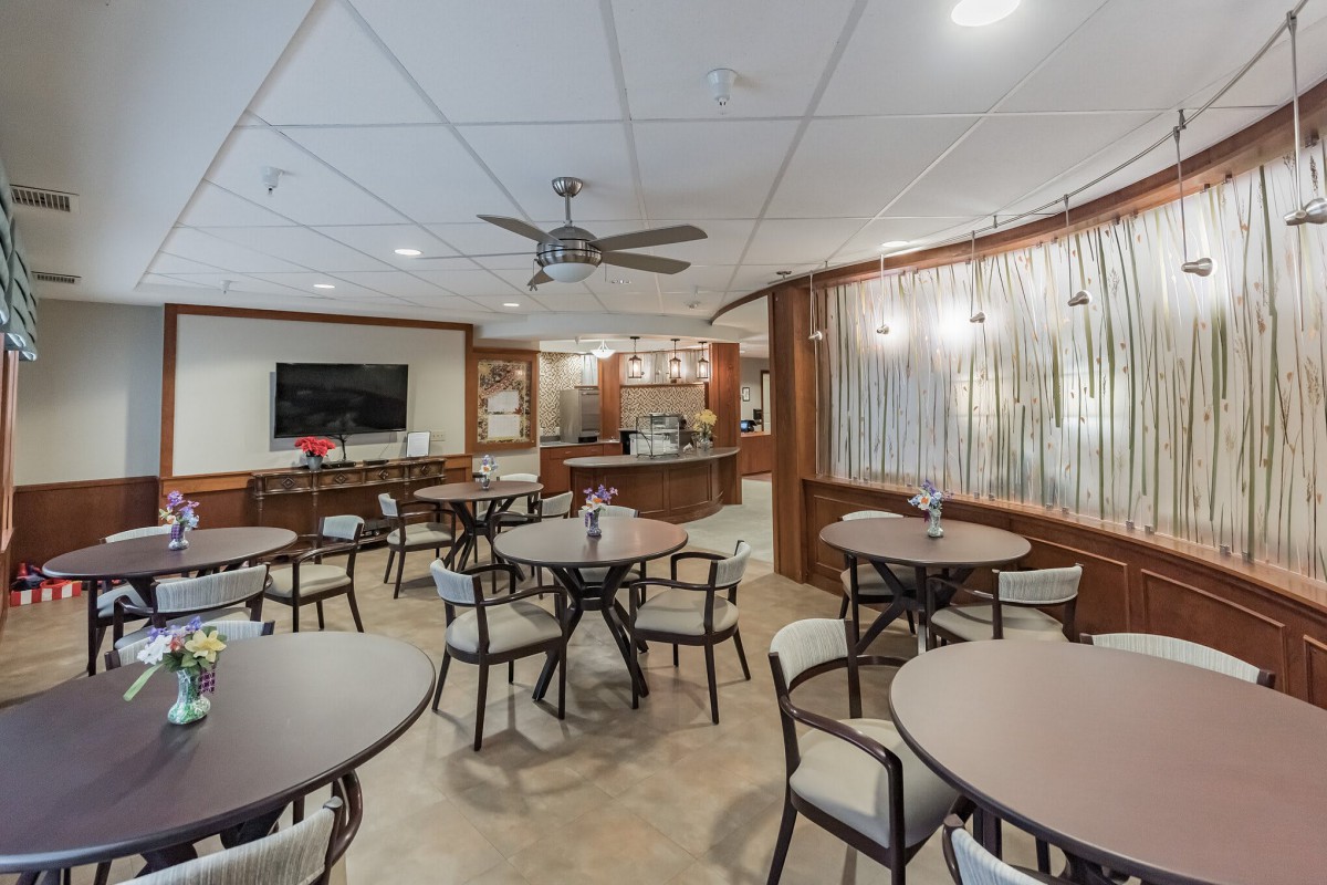A modern dining area with round tables, chairs, a ceiling fan, and a television.