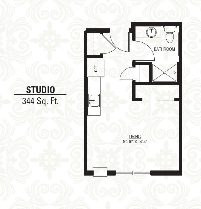 Floor plan of a 344 square foot studio apartment.