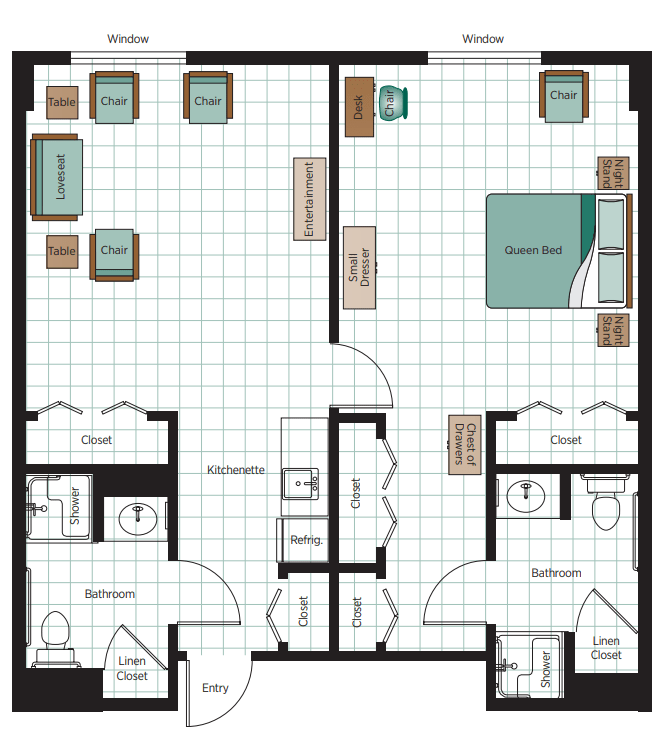 A two-bedroom apartment floor plan with a living room, kitchen, and bathrooms.