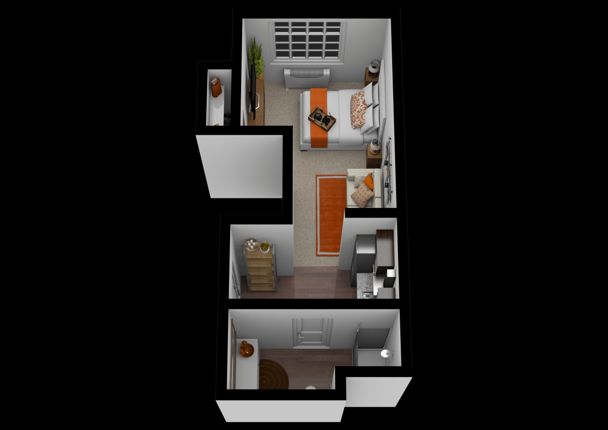 A 3D floor plan of a small apartment, showcasing the layout and design.