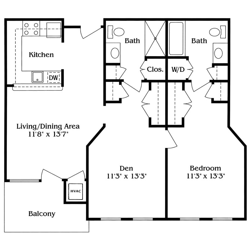 A floor plan of a two-bedroom apartment with a living/dining area, kitchen, balcony, and bathrooms.