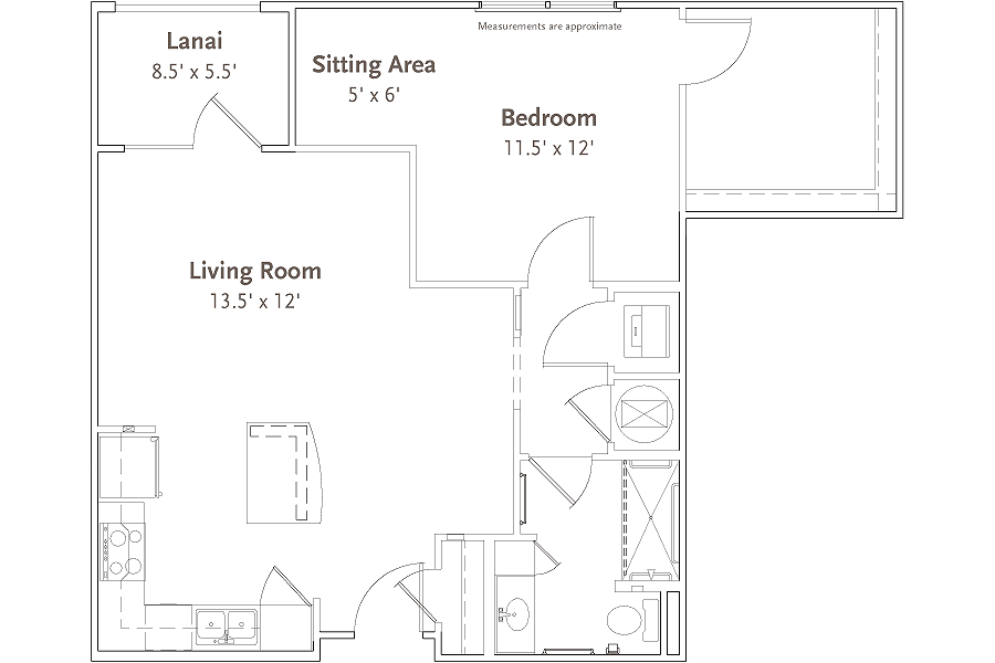 A floor plan showing the layout of a one-bedroom apartment with labeled areas including a lanai, sitting area, living room, bedroom, and bathroom.