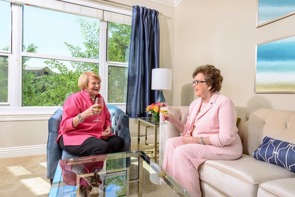Two women enjoying a conversation over drinks in a cozy living room setting.