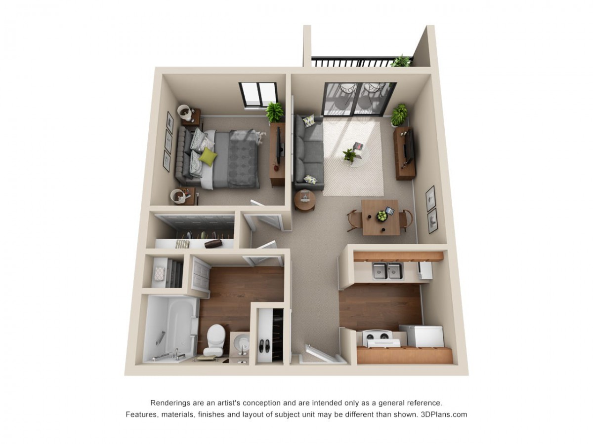 A 3D rendering of a one-bedroom apartment layout featuring a living room, kitchen, bathroom, and balcony.
