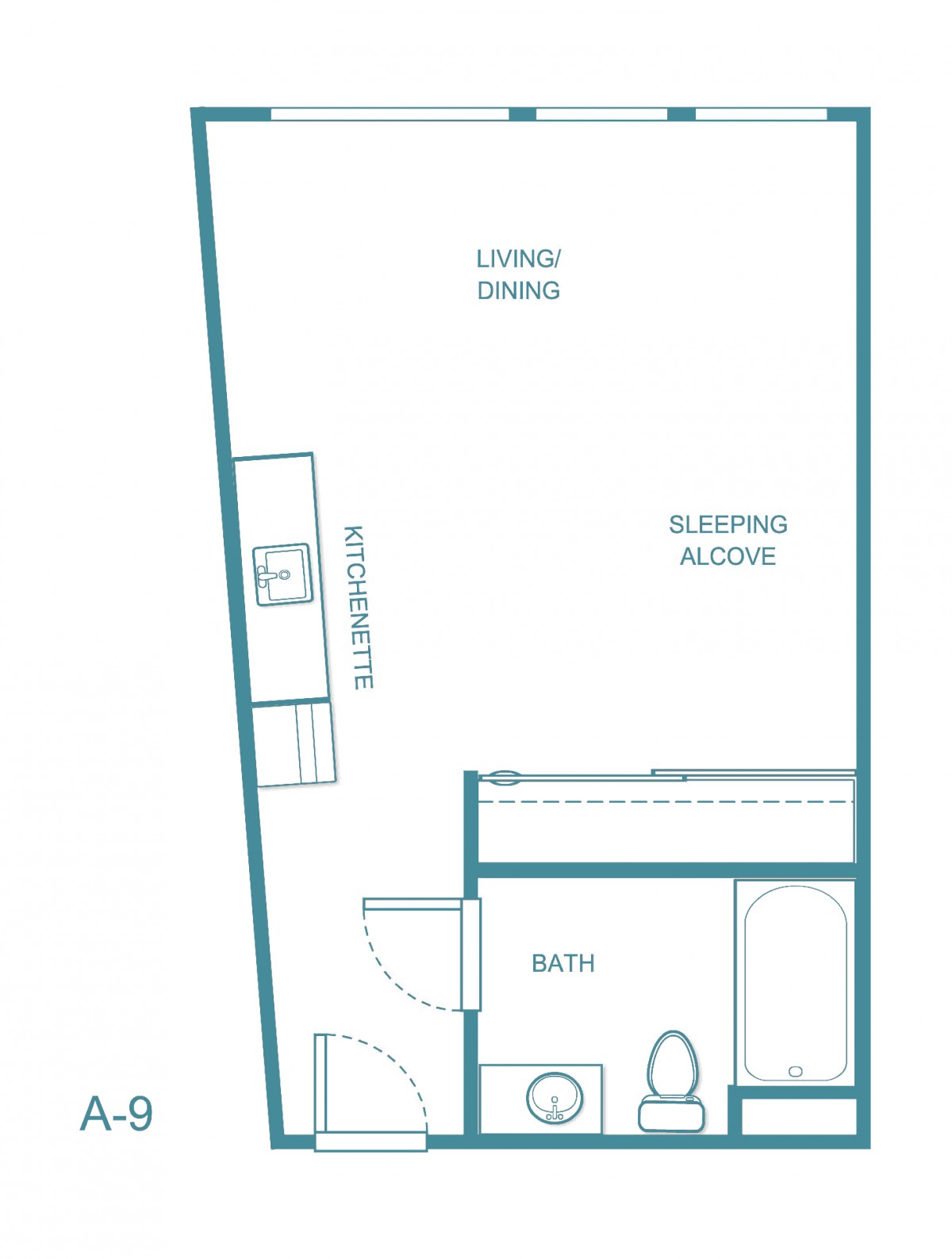 A floor plan of a studio apartment showing the layout with a living/dining area, sleeping alcove, bath, and kitchenette.