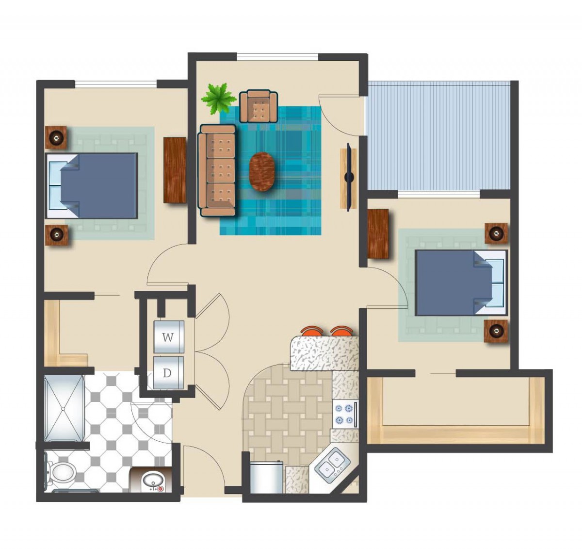 A floor plan of a two-bedroom apartment featuring a living room, kitchen, and bathroom.