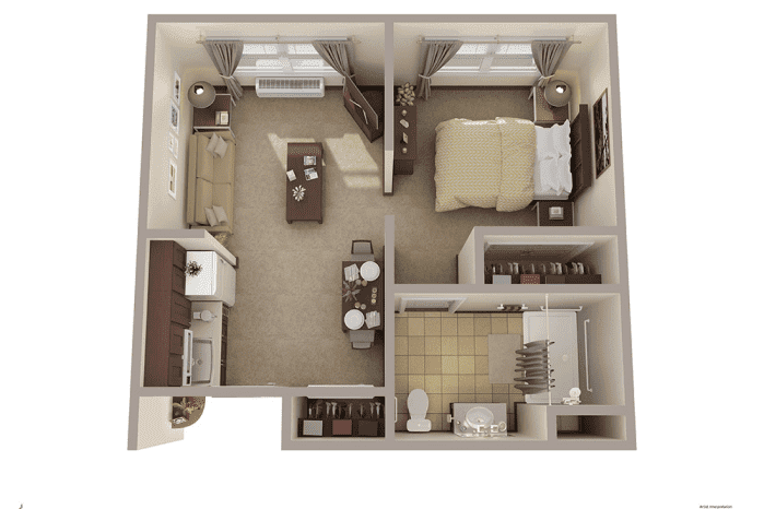 A 1-bedroom apartment floor plan with a living area, kitchen, and bathroom.