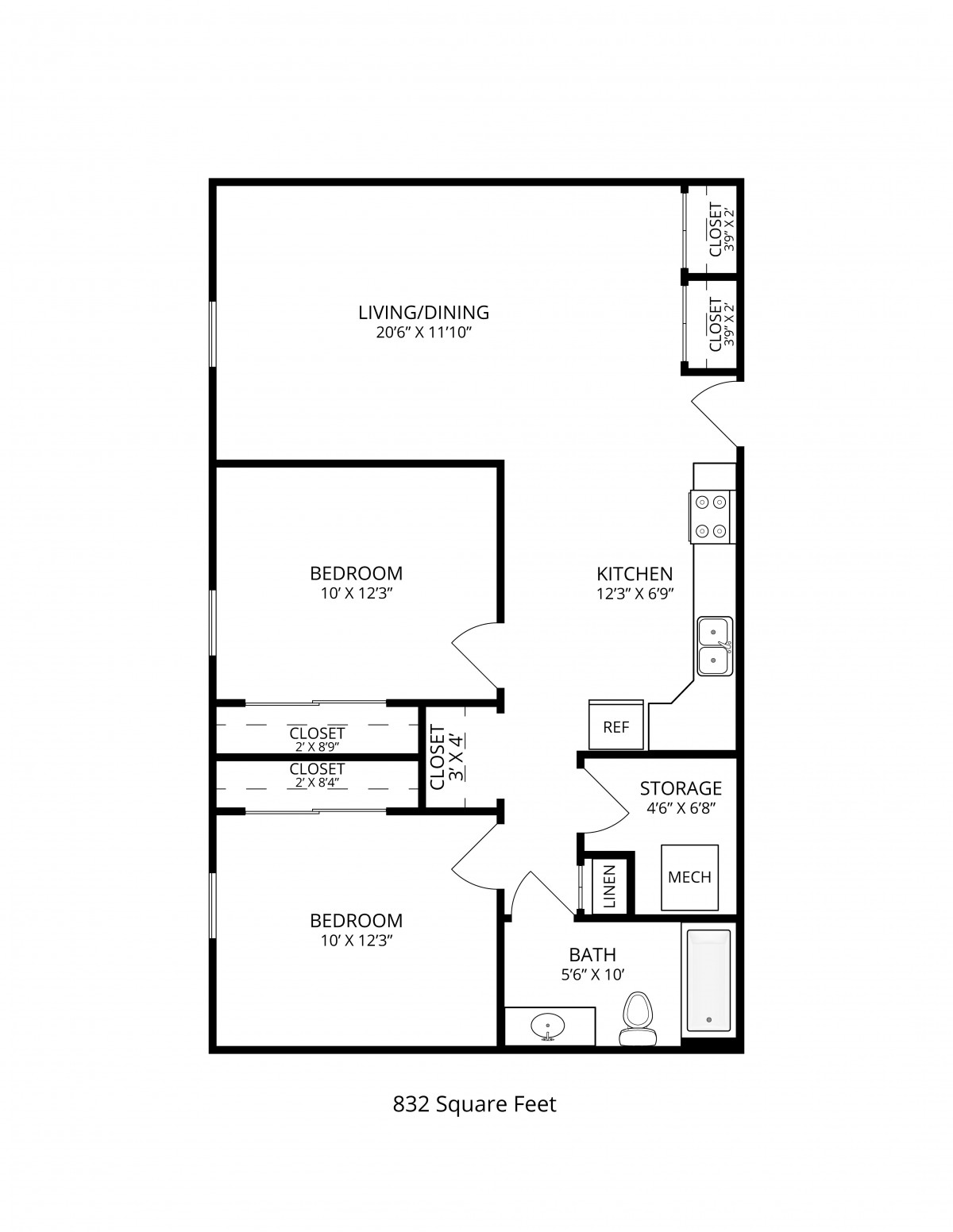 A floor plan of a two-bedroom apartment with a living room, kitchen, and bathroom.