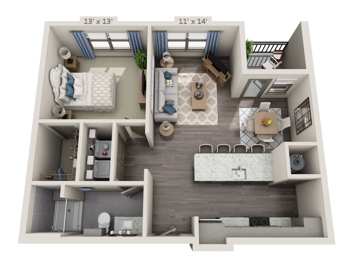 A modern one-bedroom apartment floor plan featuring an open kitchen, living room, and bathroom.