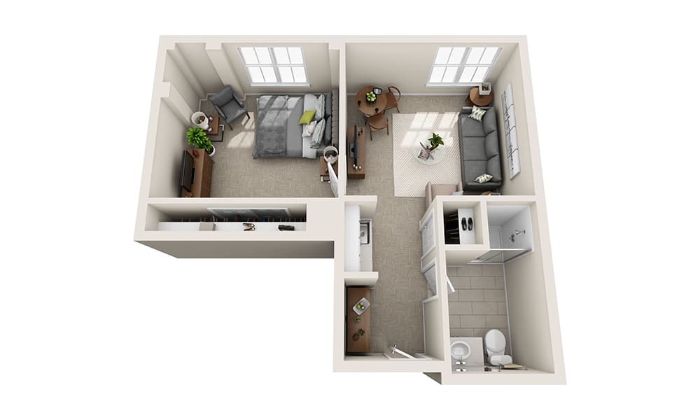A 3D-rendered floor plan of a one-bedroom apartment featuring a living room, bedroom, kitchen, and bathroom.