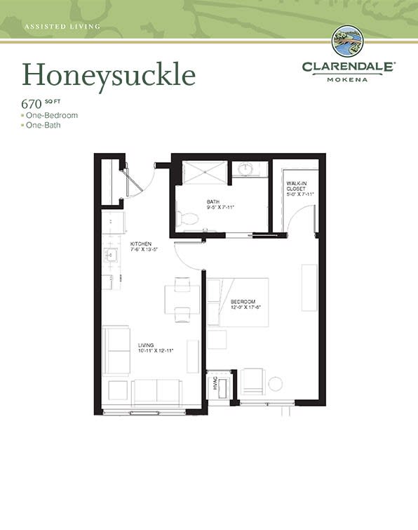 Floor plan of the Honeysuckle apartment with one bedroom and one bathroom.