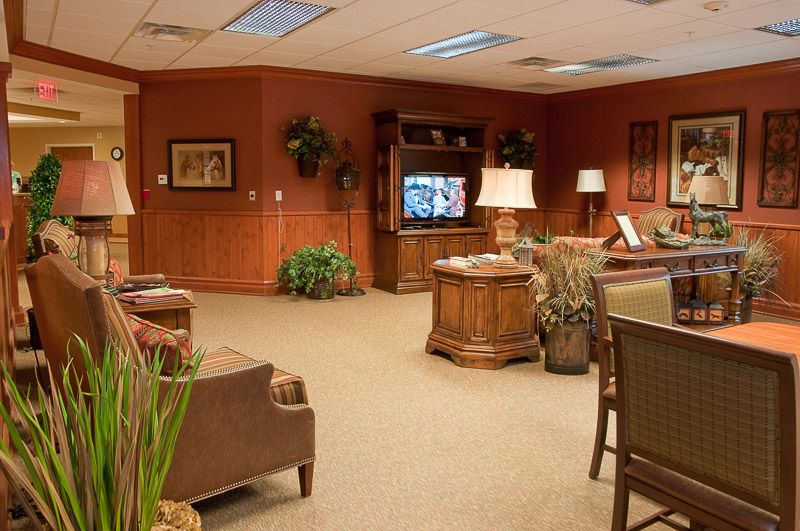 A cozy living room with comfortable seating, a television, decorative plants, and warm lighting.