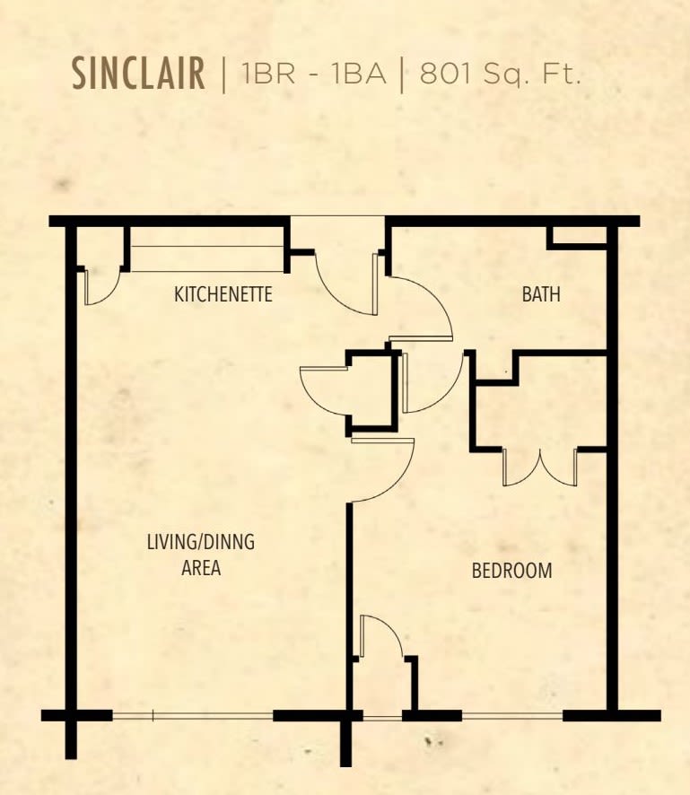 Sinclair floor plan with one bedroom, one bathroom, a kitchen, and living area.