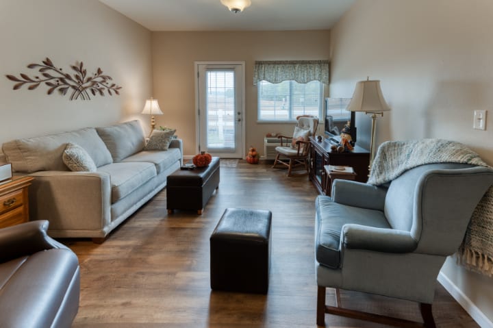 A cozy living room with sofas, lamps, and hardwood flooring.