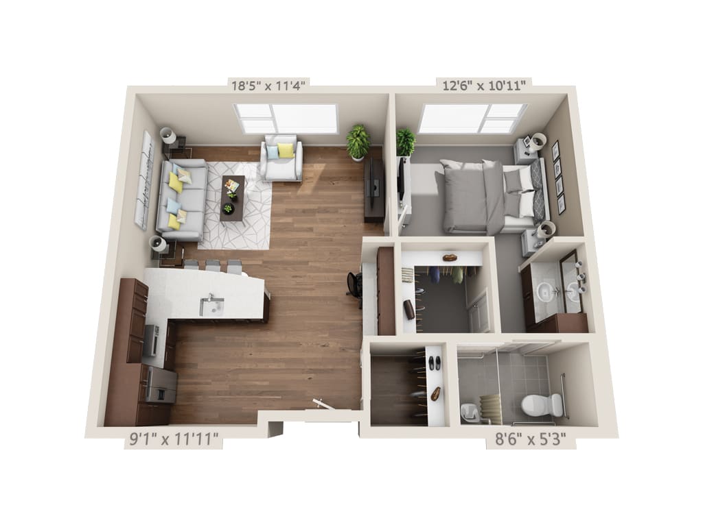 A 3D rendered floor plan of a two-bedroom apartment with designated living room, kitchen, and bathroom areas.