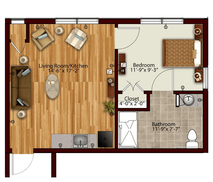 A one-bedroom apartment floor plan showing the layout of a living room, kitchen, bedroom, and bathroom.