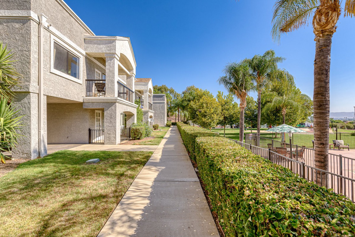 A pathway lined with hedges and palm trees runs alongside a series of apartment buildings under a clear blue sky.