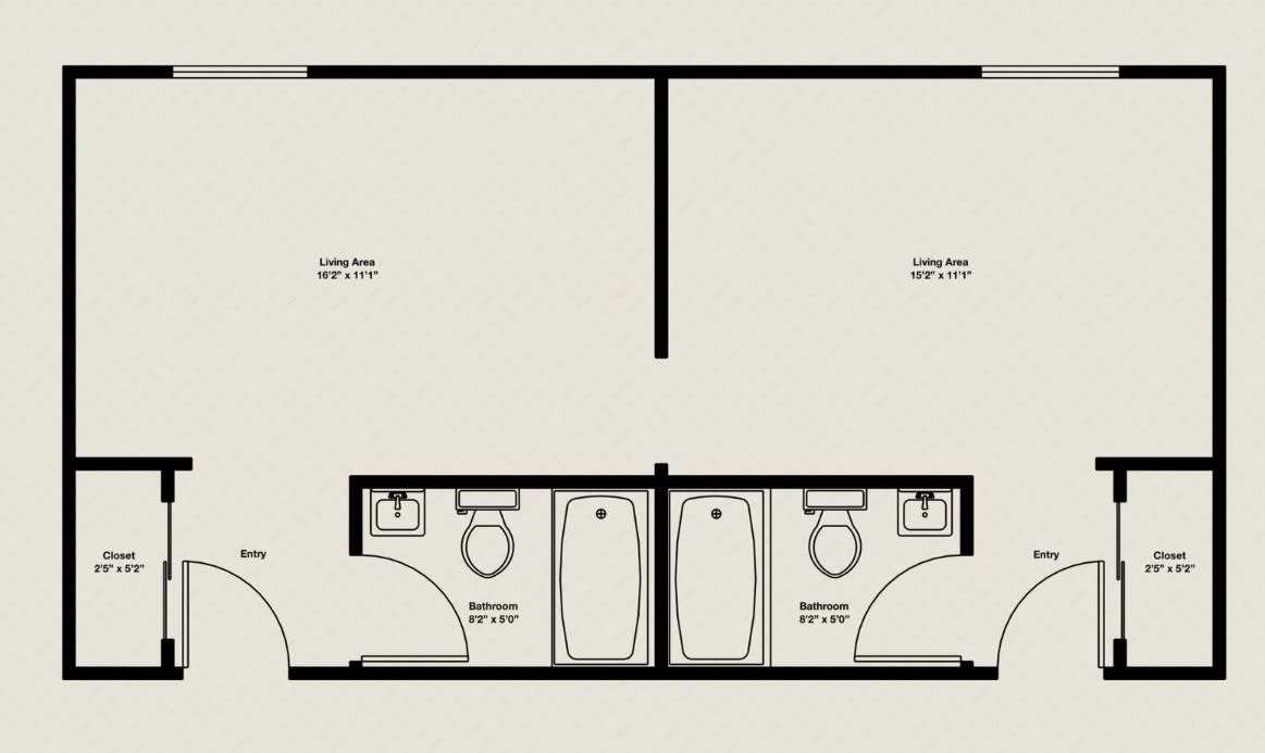 Floor plan showing the layout of two restrooms with adjacent living areas.
