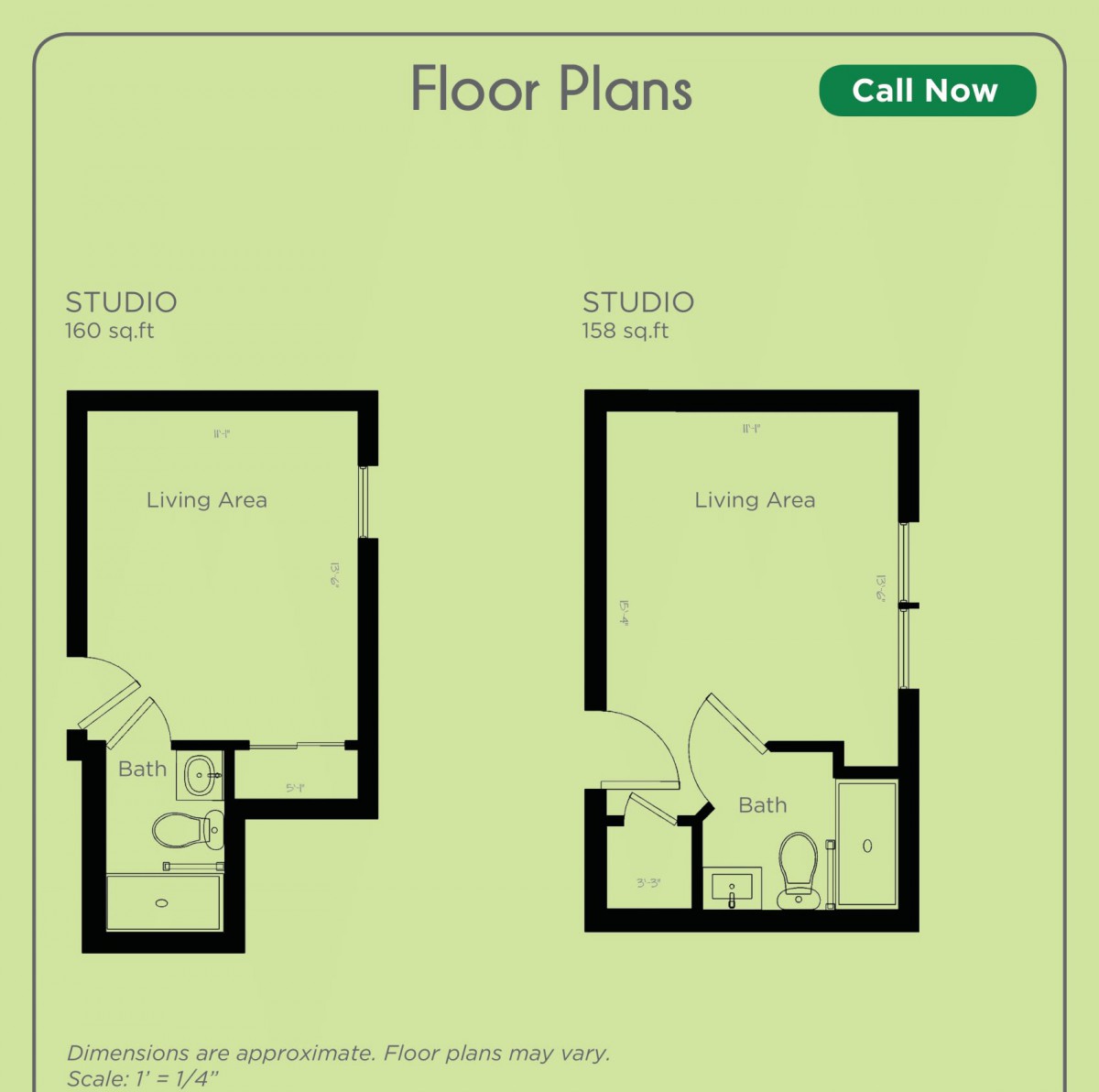 Floor plans for studio apartments showcasing different layouts.