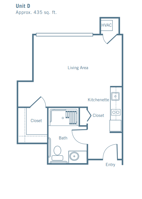A simple floor plan of an apartment with designated living area, kitchen, closet, and bathroom.