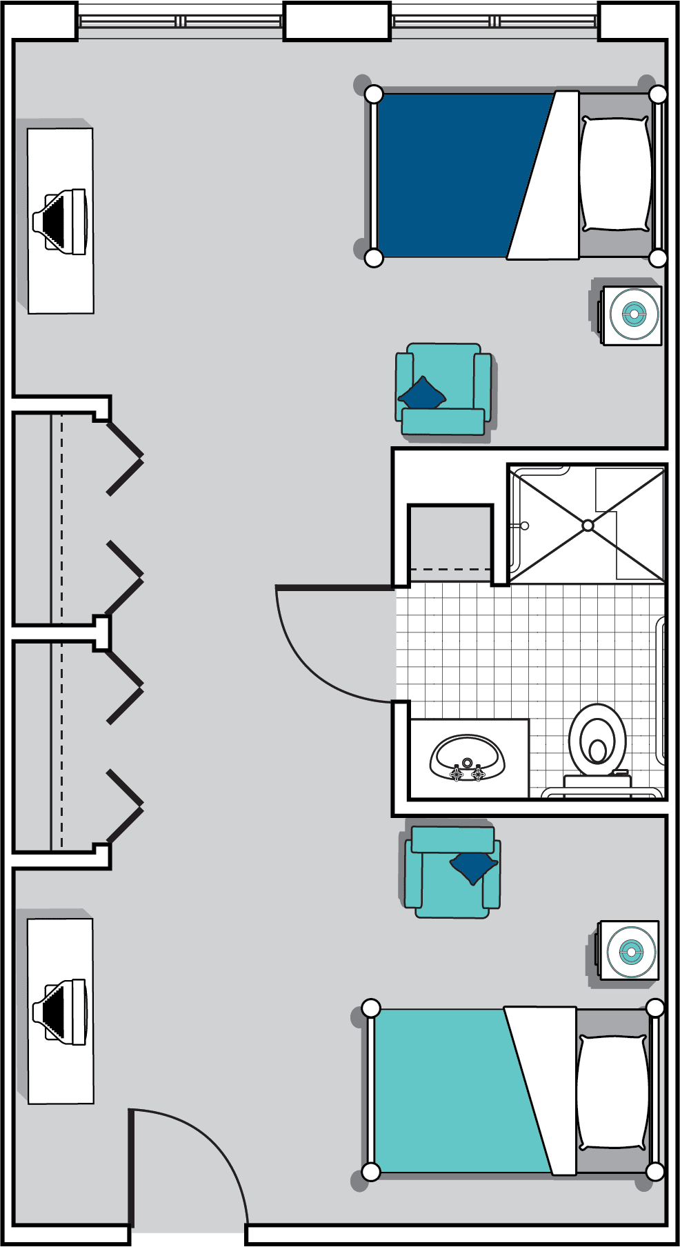 A small floor plan showing a bathroom and adjacent seating area with two chairs.