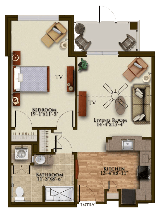 A floor plan of a two-bedroom apartment including a living room, kitchen, and bathroom.