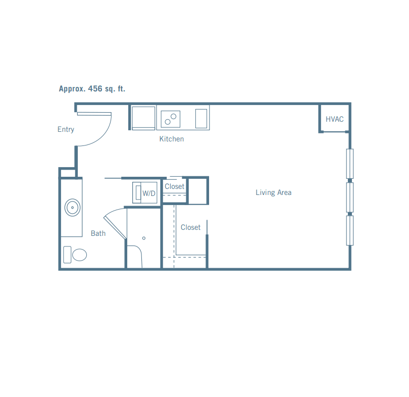 A floor plan of a studio apartment with designated areas for the kitchen, bathroom, and living space.