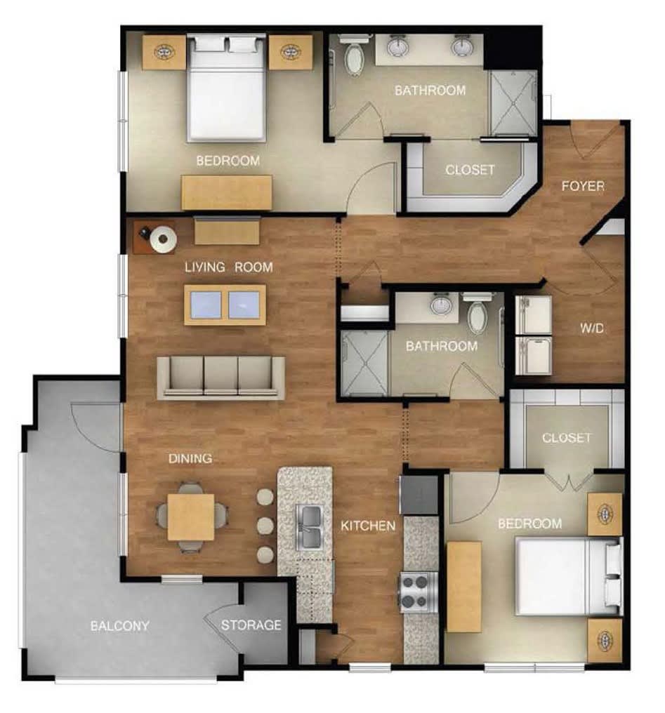 Modern apartment floor plan with two bedrooms, kitchen, and living area.