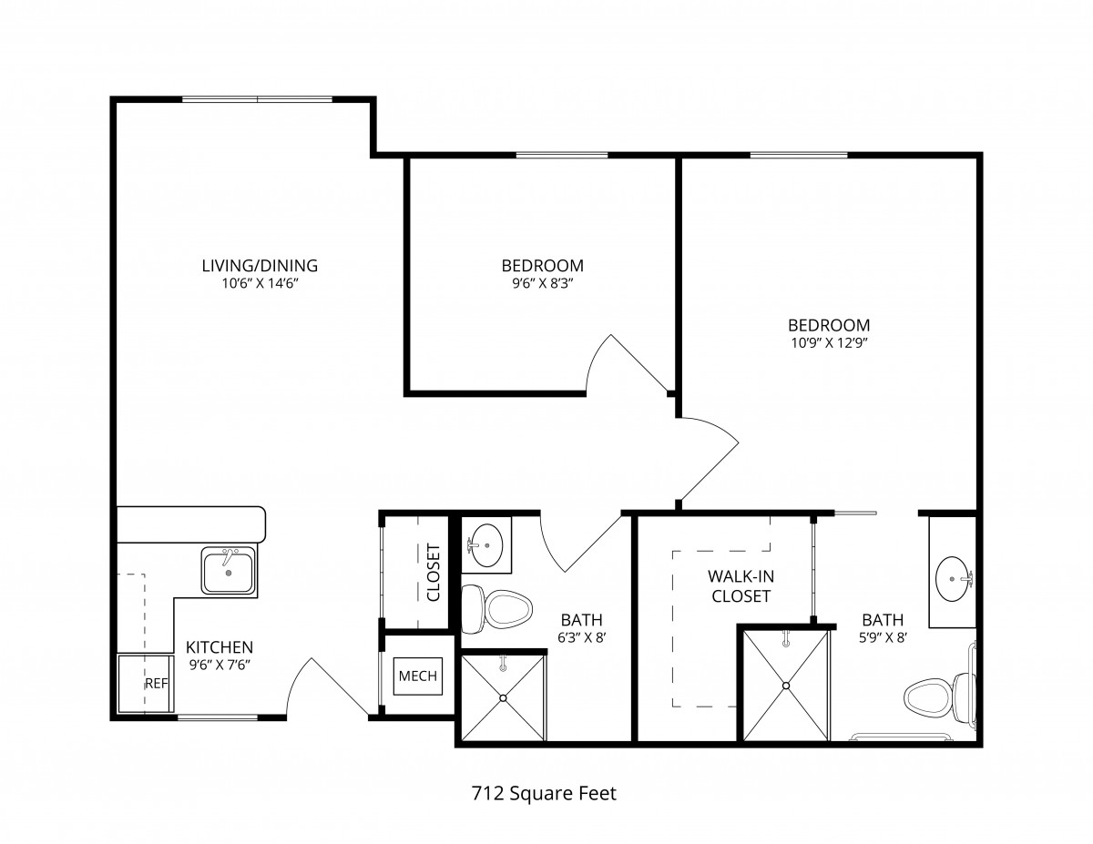 A floor plan of a two-bedroom apartment featuring a kitchen, living room, and bathrooms.