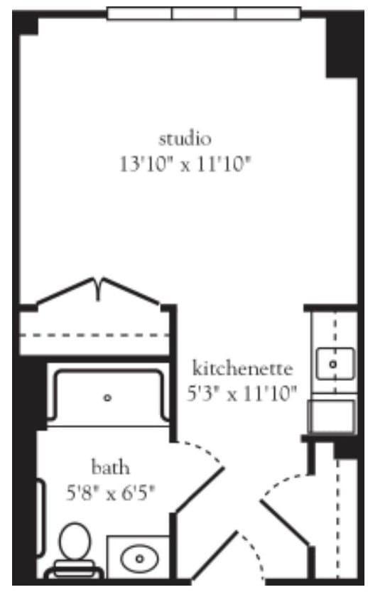 Studio apartment floor plan with kitchenette and bath.