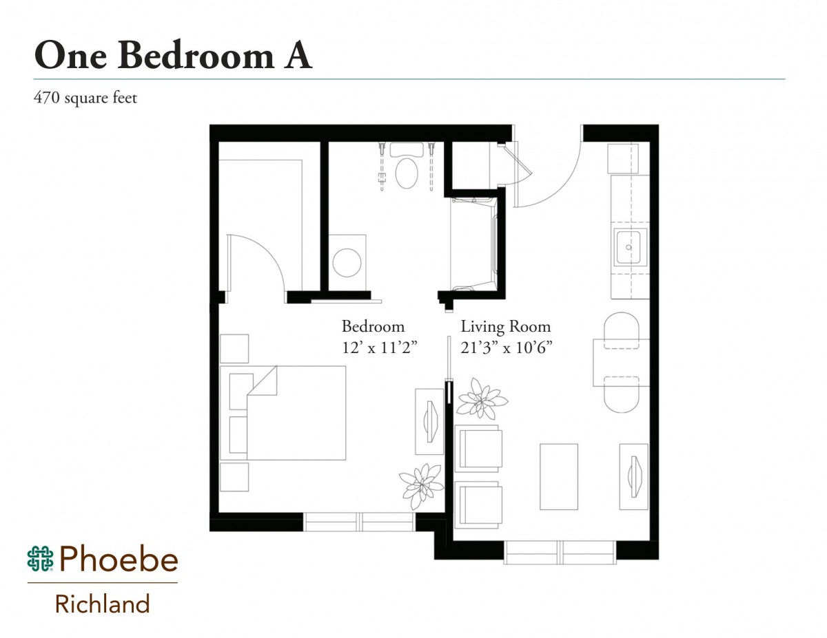 One-bedroom apartment floor plan with dimensions for the living room and bedroom.