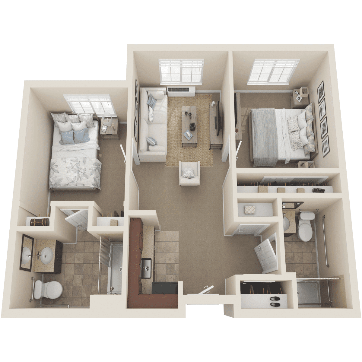 A detailed floor plan of a two-bedroom apartment with a bathroom, kitchen, and living area.