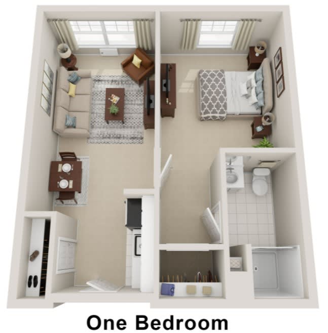 3D rendering of a one-bedroom apartment floor plan.