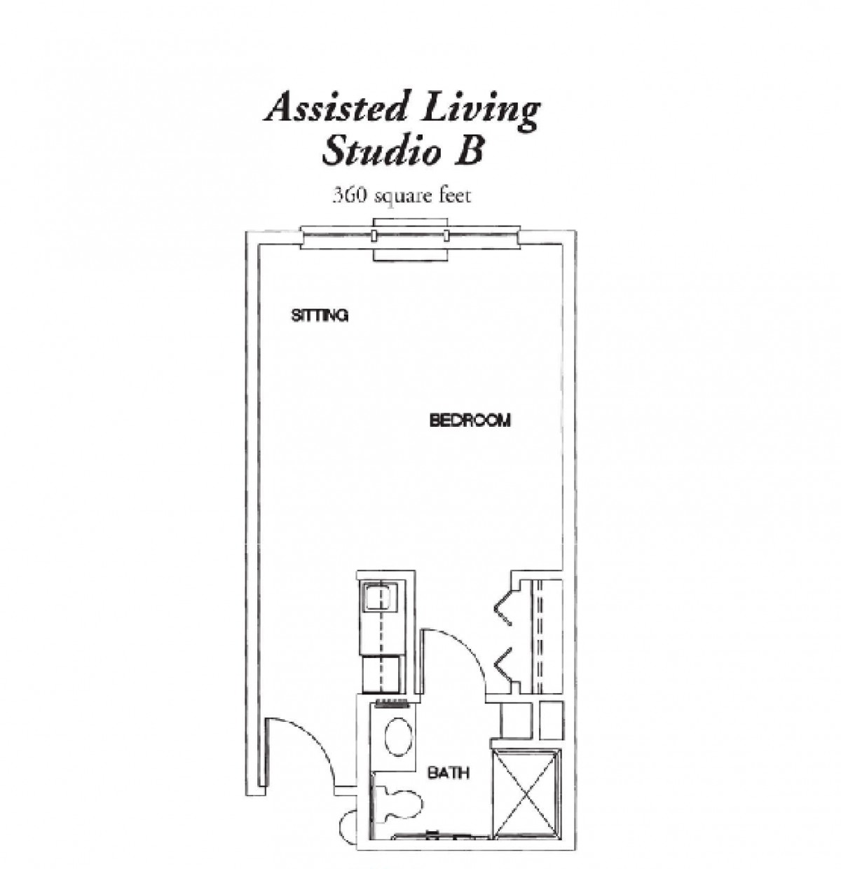 Assisted Living Studio B floor plan with 360 square feet layout.