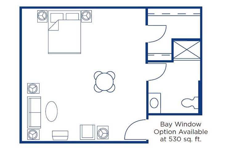A floor plan of a studio apartment showcasing the layout with a bedroom area, kitchen, dining space, and bathroom.