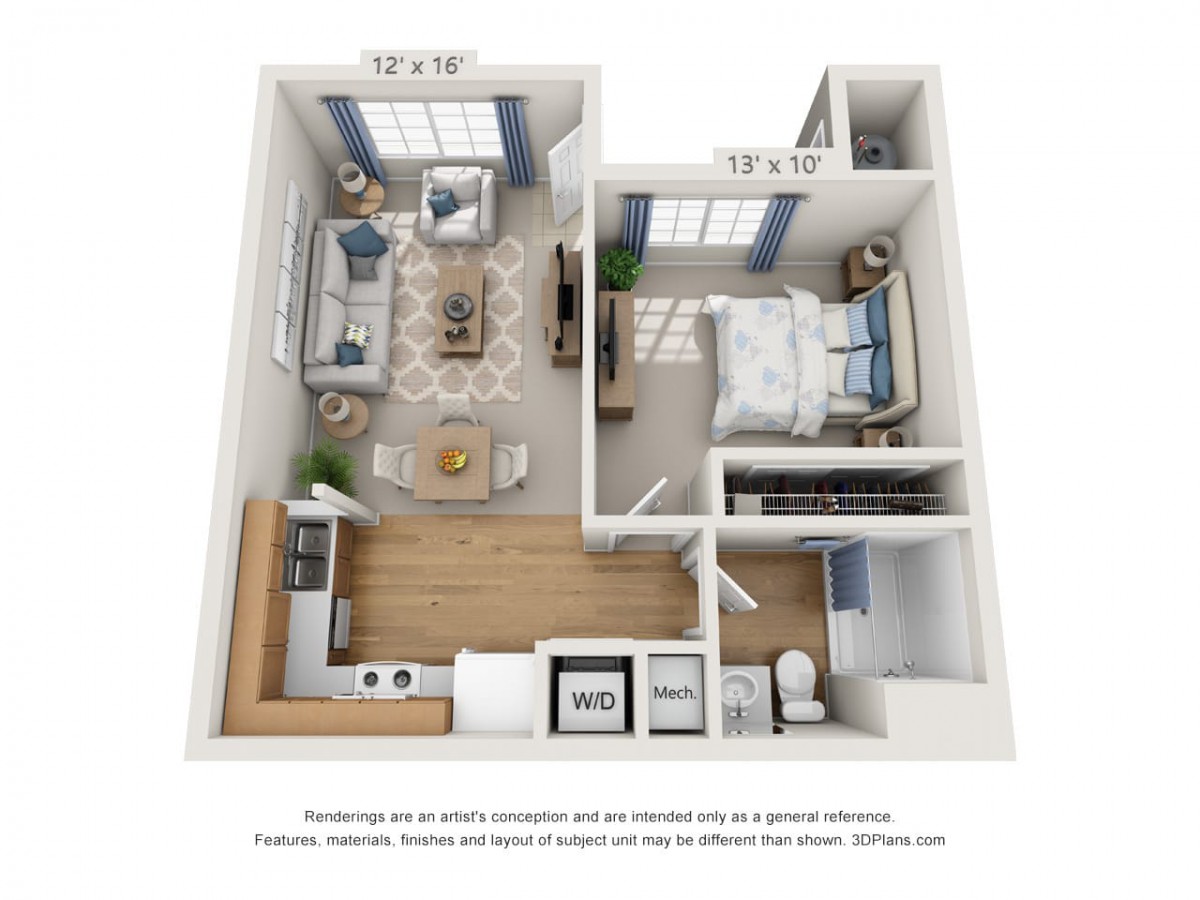 An overhead view of a one-bedroom apartment floor plan, showcasing the layout of the living room, kitchen, and bedroom areas.