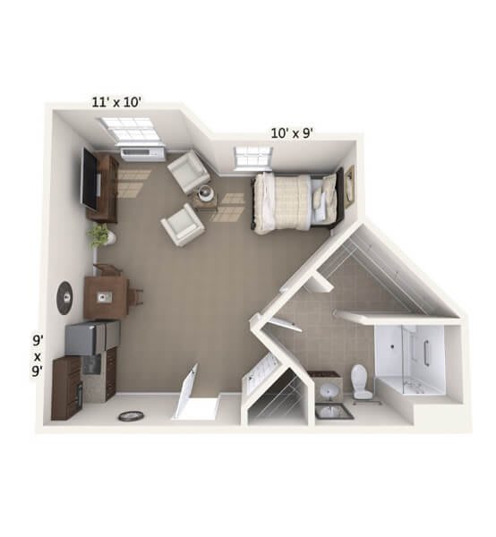 A 3D floor plan of a studio apartment layout featuring living and sleeping areas.