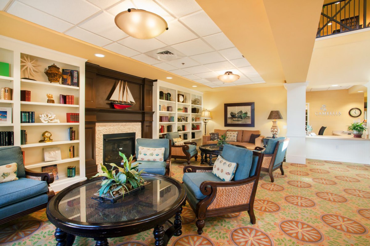 A cozy living room with comfortable seating, a fireplace, and bookshelves filled with books.
