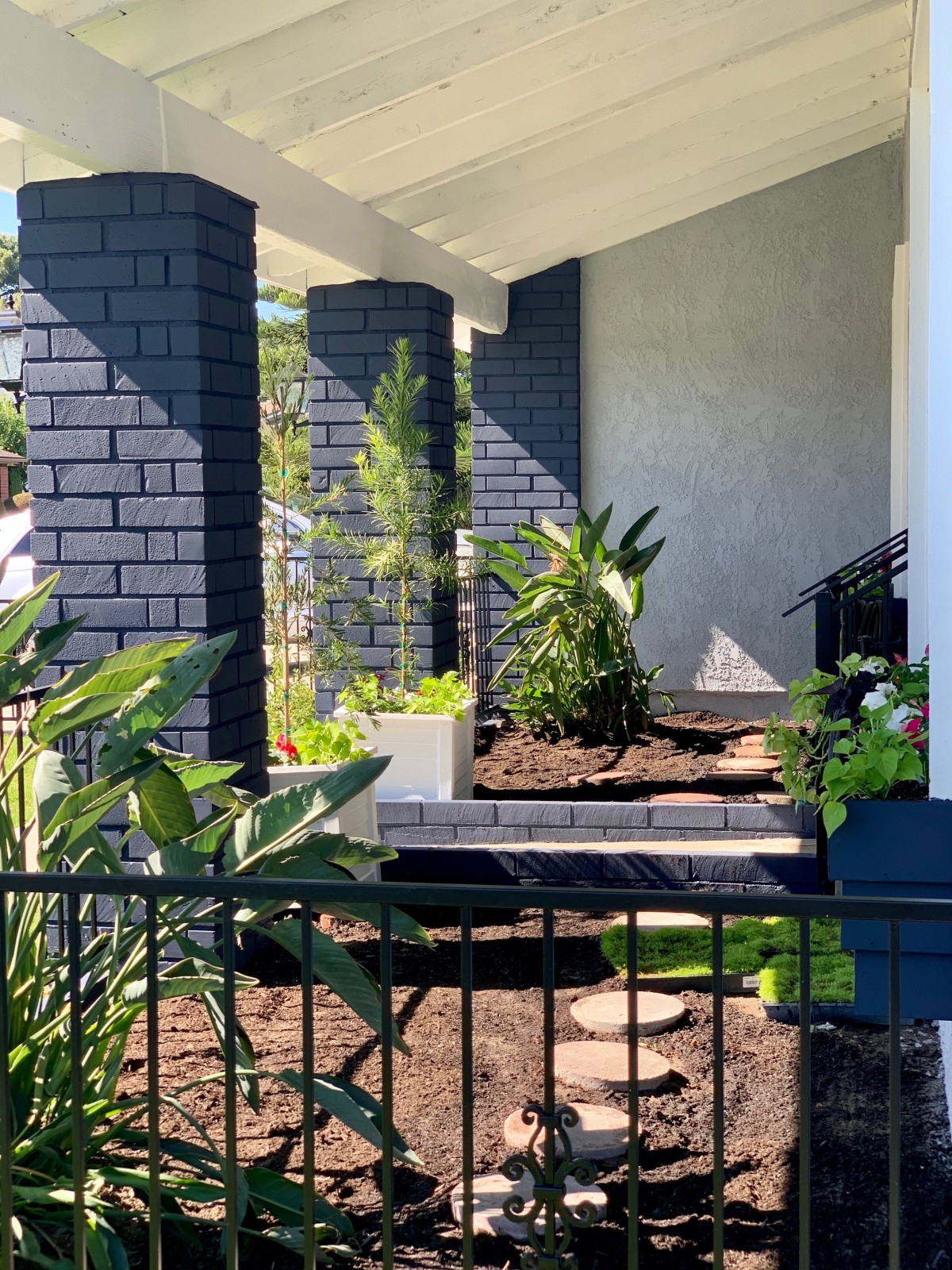 A modern outdoor garden area with lush plants and sleek architectural elements.