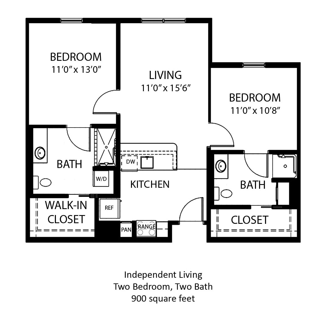 This is a floor plan for an independent senior living apartment featuring two bedrooms, two bathrooms, a living room, kitchen, and a walk-in closet spanning 900 square feet.