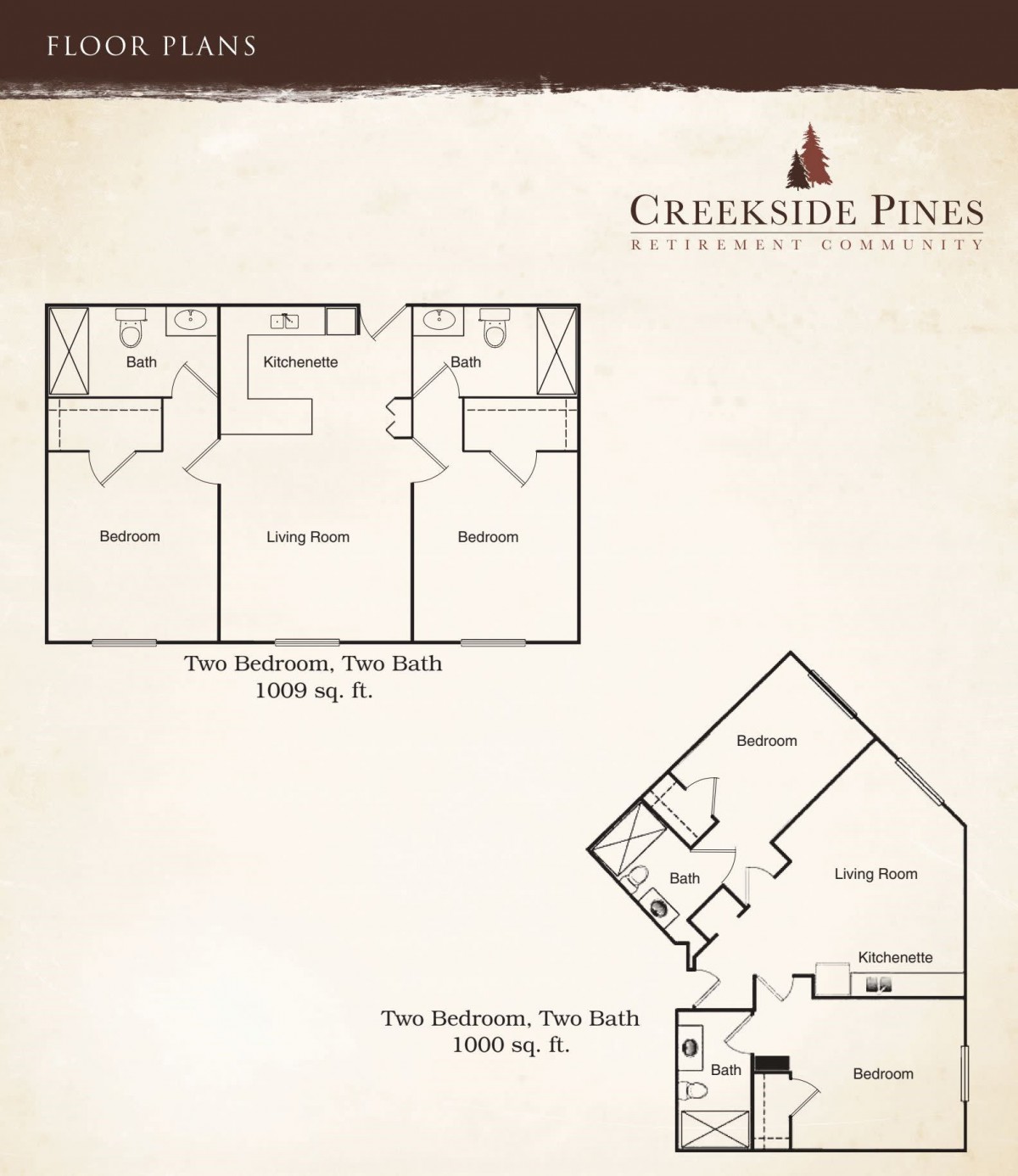 Floor plans for two-bedroom, two-bath apartments at Creekside Pines.